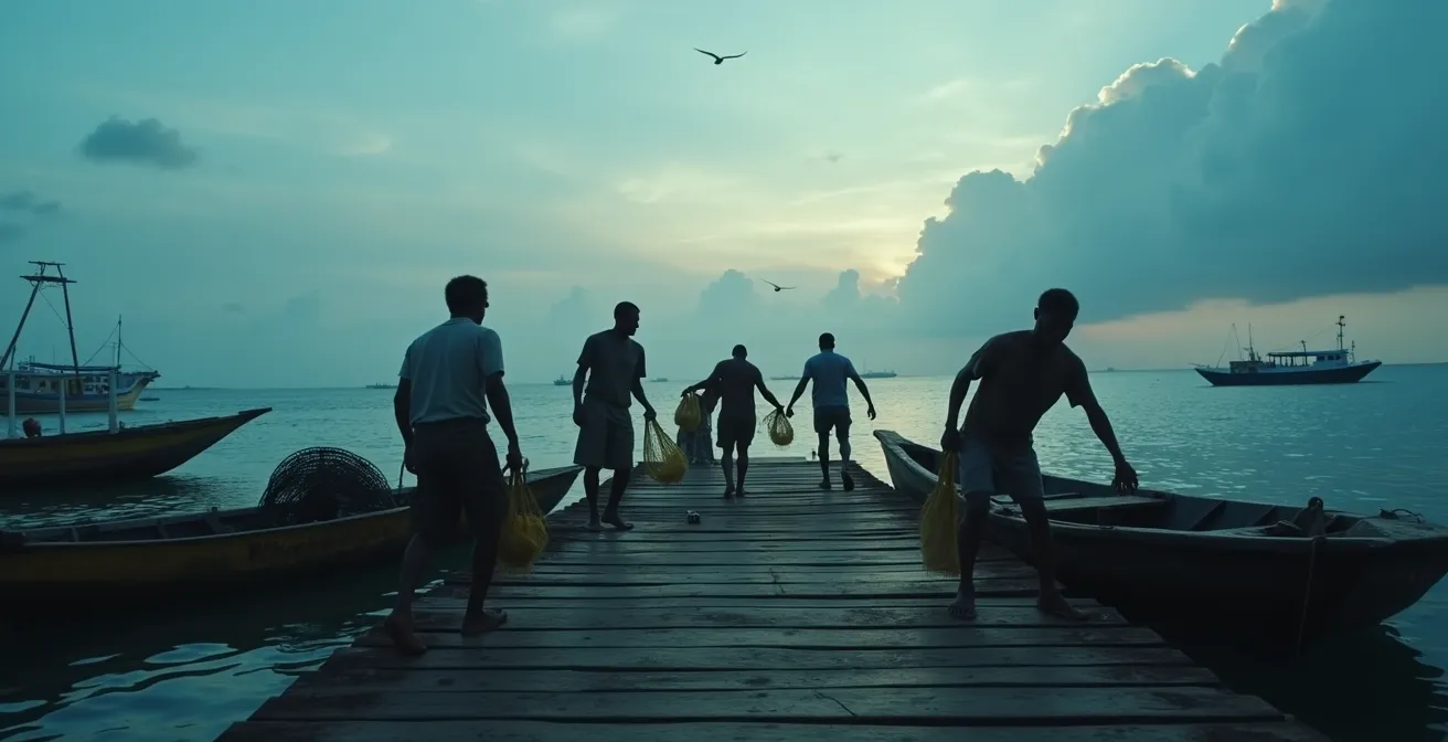 Scène matinale au port avec plusieurs pêcheurs saintois préparant leurs barques et moteurs avant de partir en mer, ambiance sonore paisible et attendue