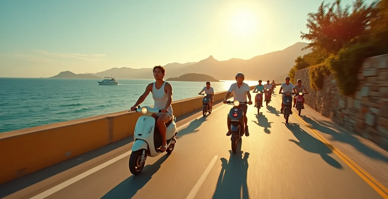 Scooter et vélo électrique sur une route côtière ensoleillée aux Saintes