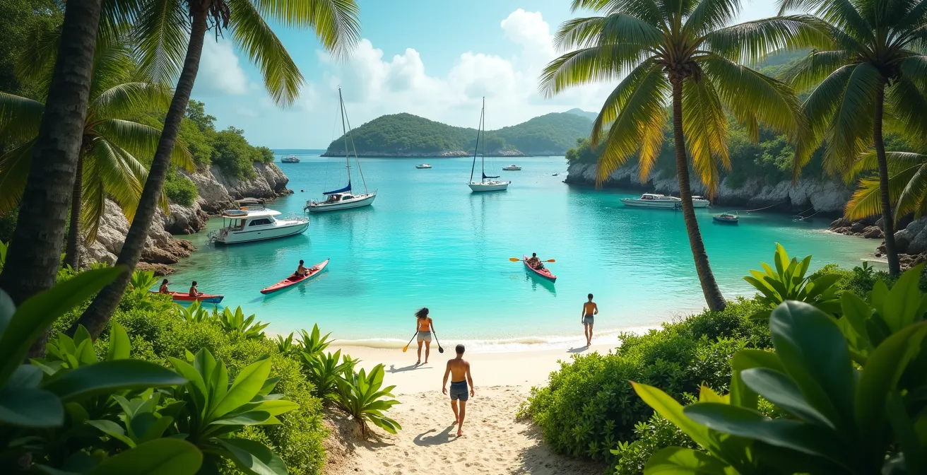 Paysage côtier idyllique d’un mouillage en Guadeloupe avec kayakistes et plage, accès pour tous.