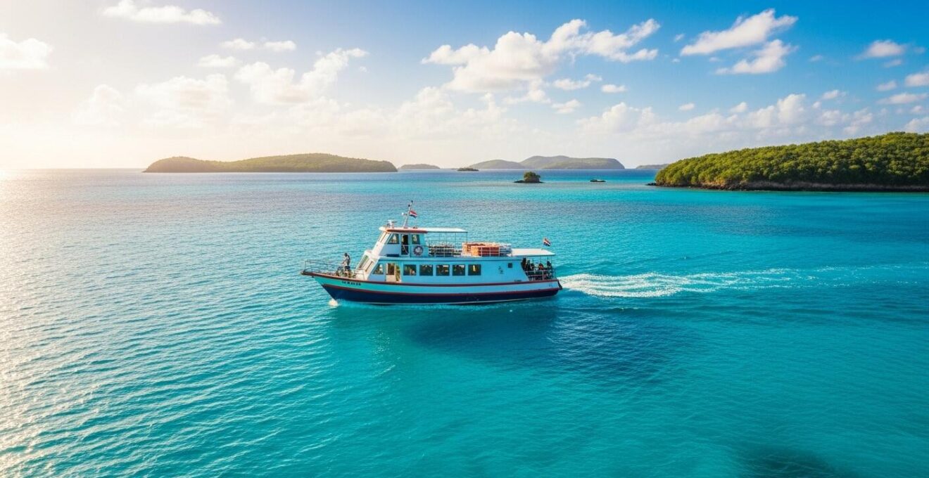 Navette maritime traditionnelle naviguant dans les eaux turquoise de l'archipel guadeloupéen, îles en arrière-plan sous un ciel ensoleillé