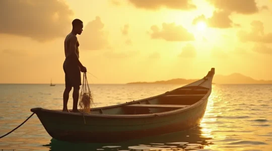 Un pêcheur saintois debout sur sa barque traditionnelle, silhouette découpée sur la mer au lever du soleil en Guadeloupe