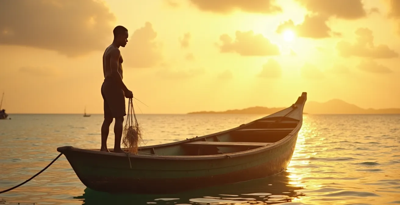 Un pêcheur saintois debout sur sa barque traditionnelle, silhouette découpée sur la mer au lever du soleil en Guadeloupe