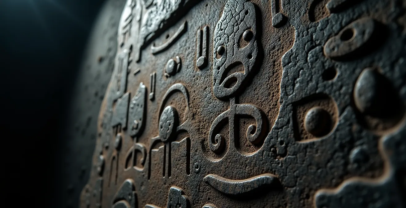 Gros plan sur pétroglyphes amérindiens gravés sur roche volcanique à Trois-Rivières