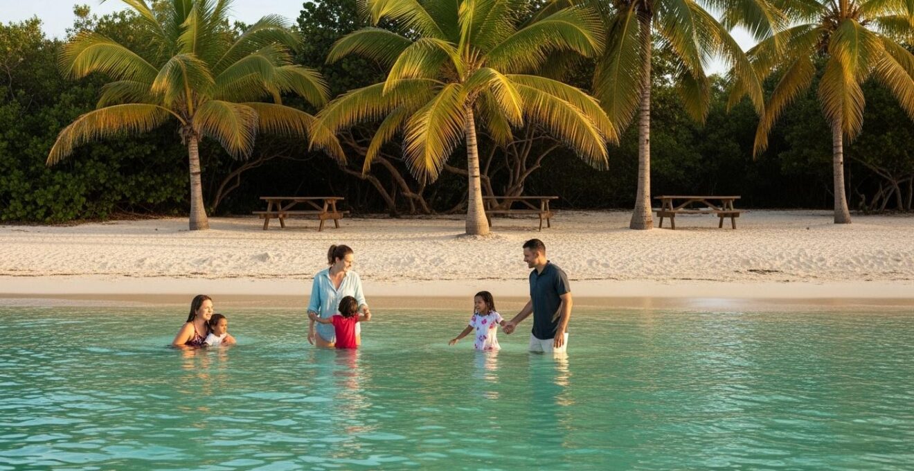 Familles profitant d’une plage calme avec zones ombragées et eaux peu profondes sur la Côte Caraïbes en Guadeloupe