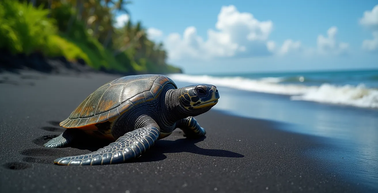 Plage de sable noir volcanique à Trois-Rivières avec tortues marines au bord de l'eau