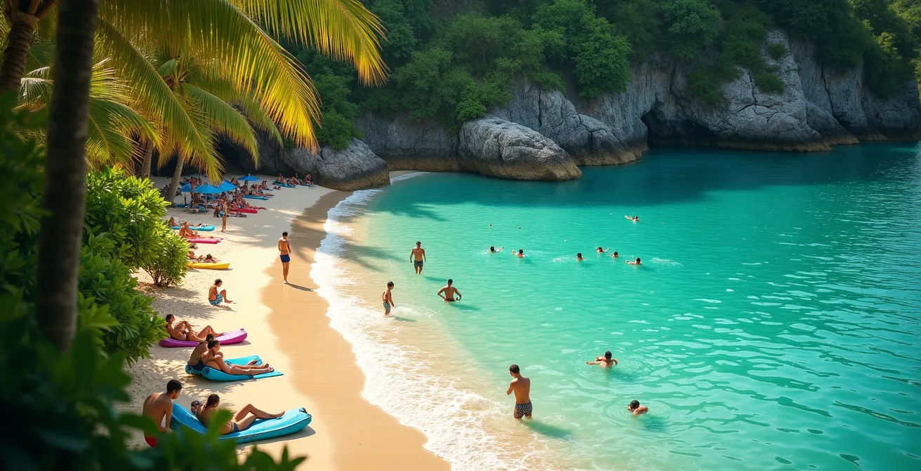 Plage isolée entourée de nature tropicale, eaux cristallines avec peu de visiteurs