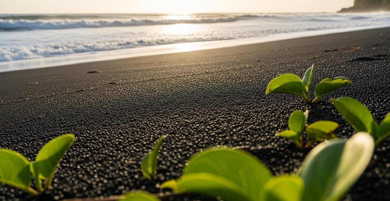 Vue ensoleillée d’une plage de sable noir volcanique à Trois-Rivières avec vagues et végétation tropicale environnante.