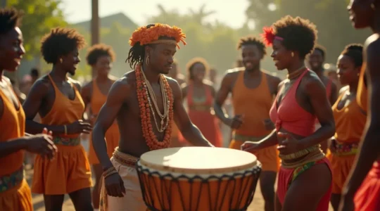 Un tambour Gwo Ka vibrant entouré de danseurs et musiciens dans un cercle culturel traditionnel en Guadeloupe, capturant l'âme vivante guadeloupéenne