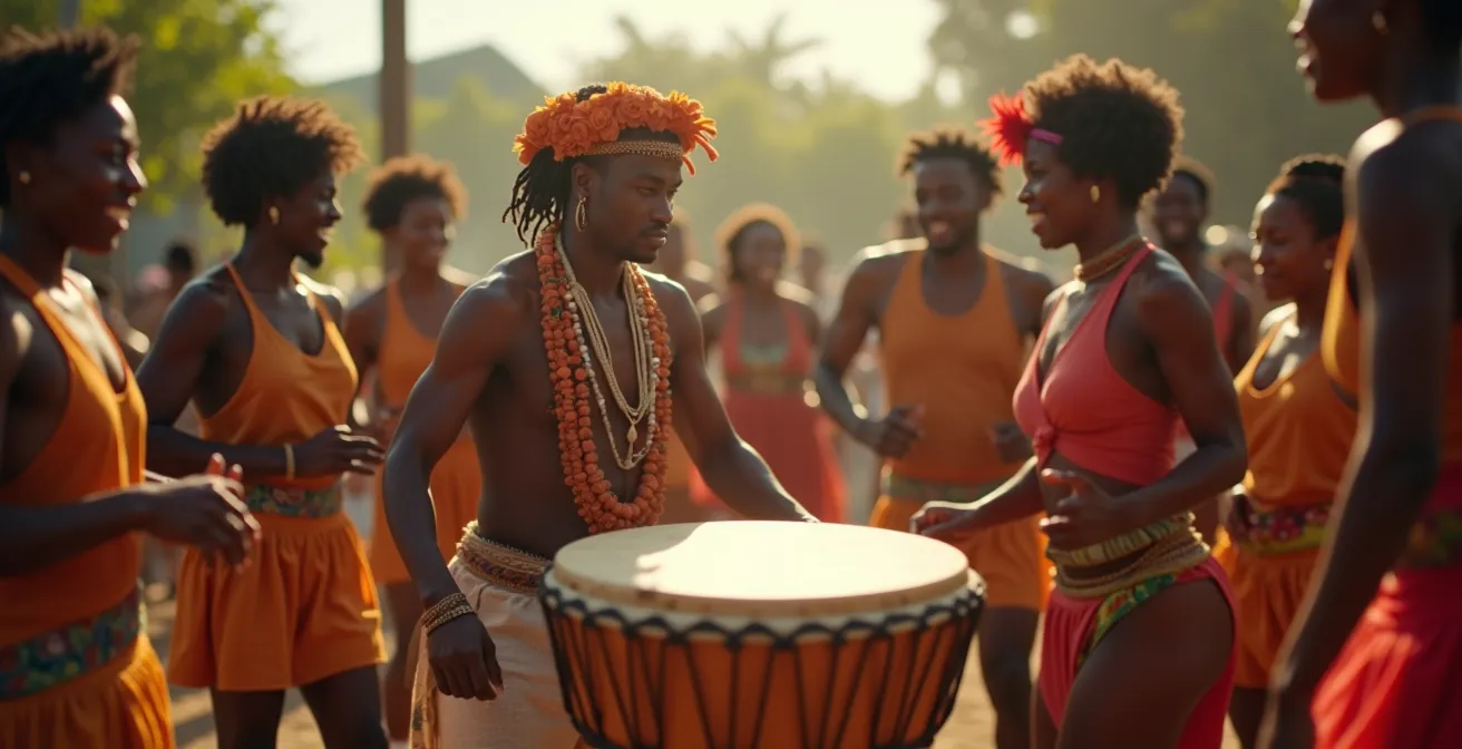 Un tambour Gwo Ka vibrant entouré de danseurs et musiciens dans un cercle culturel traditionnel en Guadeloupe, capturant l'âme vivante guadeloupéenne