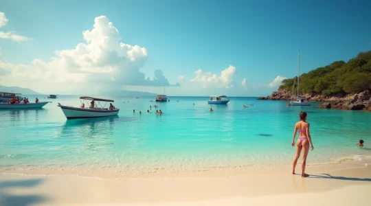 Vue panoramique de Saint-François avec ses plages de sable blanc, la mer turquoise et des amateurs d'activités nautiques au lever du soleil