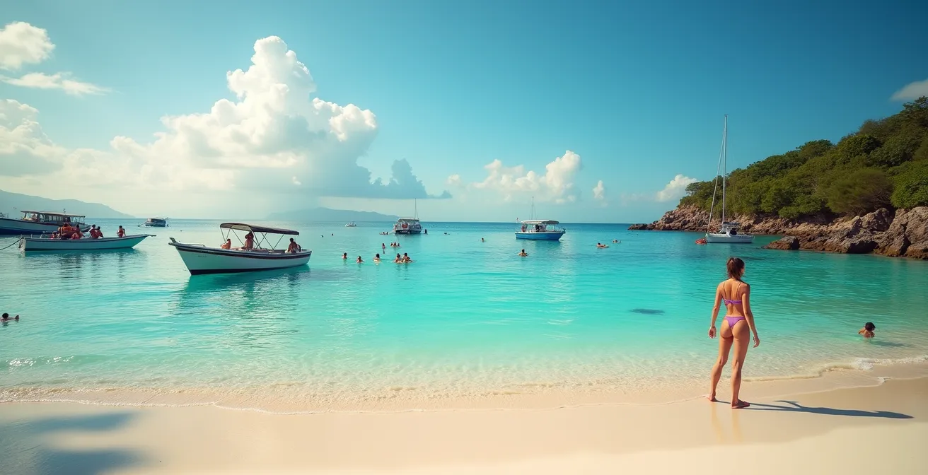 Vue panoramique de Saint-François avec ses plages de sable blanc, la mer turquoise et des amateurs d'activités nautiques au lever du soleil