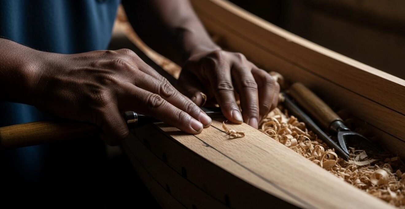 Un charpentier de marine local façonne méticuleusement la coque d'une saintoise en bois dur, perpétuant un savoir-faire ancestral dans un chantier côtier.