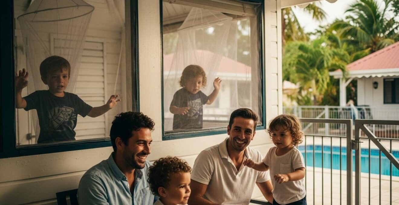 Famille avec enfants profitant d’un hébergement sécurisé en Guadeloupe, jardin clos, moustiquaire, piscine protégée.