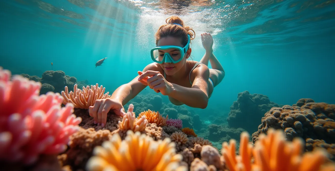 Snorkeleur utilisant crème solaire reef-safe et nageant avec techniques douces pour préserver coraux.
