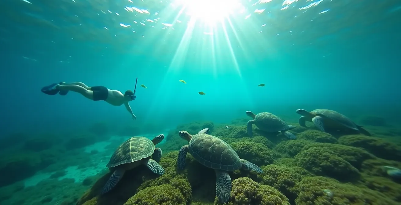 Snorkeleurs observant tortues vertes nageant près d'herbiers marins clairs à Malendure en Guadeloupe.