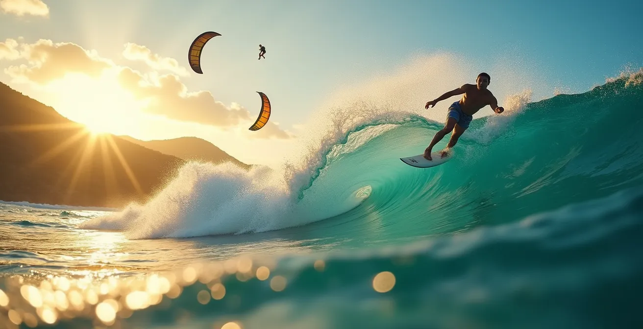 Surfeurs et kitesurfeurs en action sur la côte Atlantique en Guadeloupe avec vagues et voile colorée