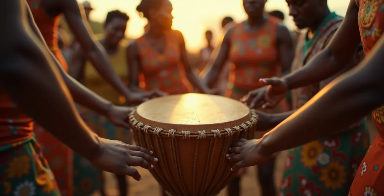 Tambour Gwo Ka en bois et peau avec danseurs traditionnels dans un cercle festif guadeloupéen