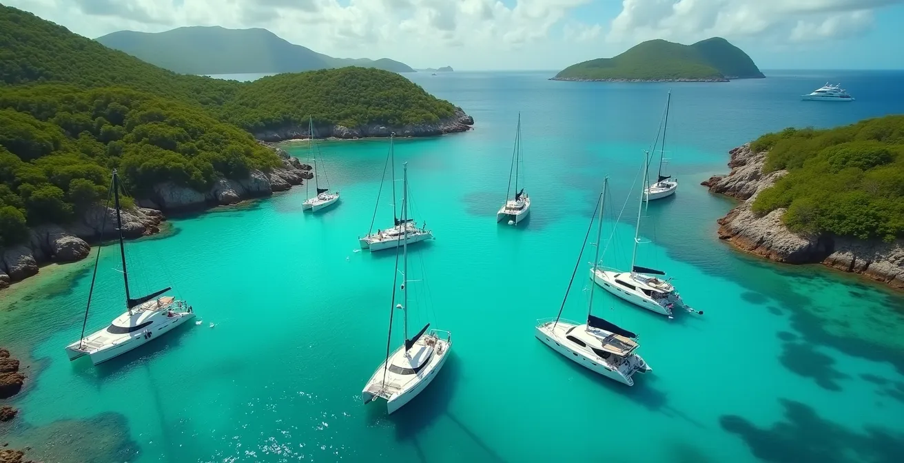 Vue aérienne spectaculaire d'un mouillage en Guadeloupe avec des catamarans et des eaux turquoise entourés de nature sauvage
