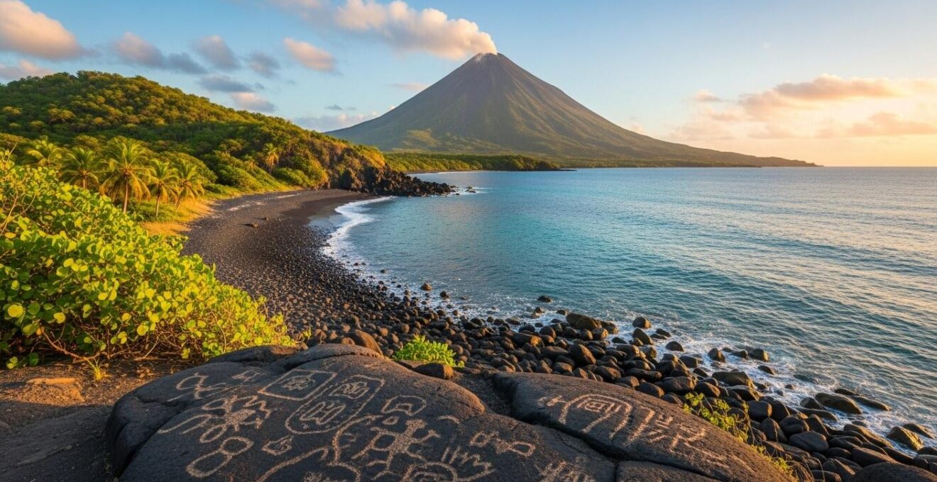 Vue panoramique de Trois-Rivières en Guadeloupe montrant les roches gravées précolombiennes, la plage de sable noir au bord de la mer turquoise et le volcan actif de la Soufrière en arrière-plan.