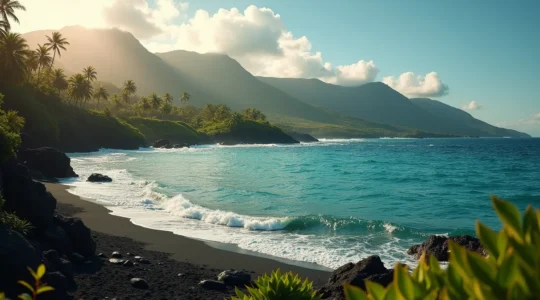 Vue panoramique de la côte sud de Basse-Terre à Trois-Rivières avec la mer, les plages de sable noir et la végétation tropicale