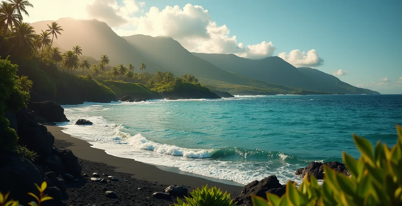 Vue panoramique de la côte sud de Basse-Terre à Trois-Rivières avec la mer, les plages de sable noir et la végétation tropicale