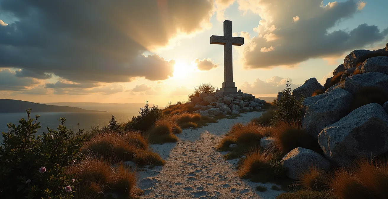 Sentier naturel menant à la grande croix au sommet de la Pointe des Châteaux avec vue sur l’océan