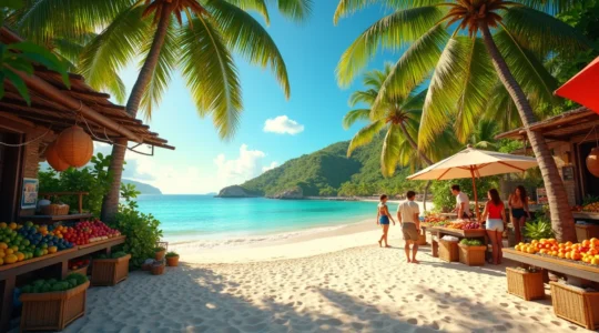 Paysage guadeloupéen avec plage, mer turquoise, végétation luxuriante et marché local animé