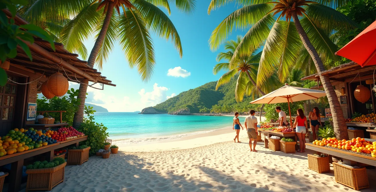 Paysage guadeloupéen avec plage, mer turquoise, végétation luxuriante et marché local animé