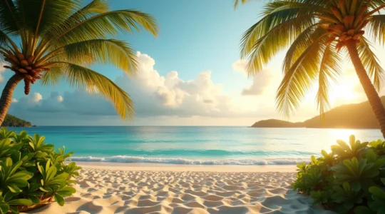 Vue panoramique symbolique d'une plage tropicale guadeloupéenne avec éléments liés à la santé et prévention contre les moustiques