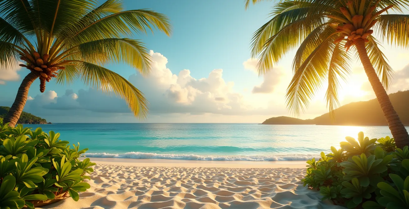 Vue panoramique symbolique d'une plage tropicale guadeloupéenne avec éléments liés à la santé et prévention contre les moustiques