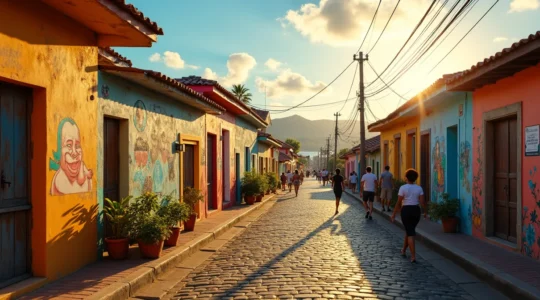 Vue panoramique colorée de Pointe-à-Pitre montrant à la fois son architecture coloniale et des fresques de street art vibrantes