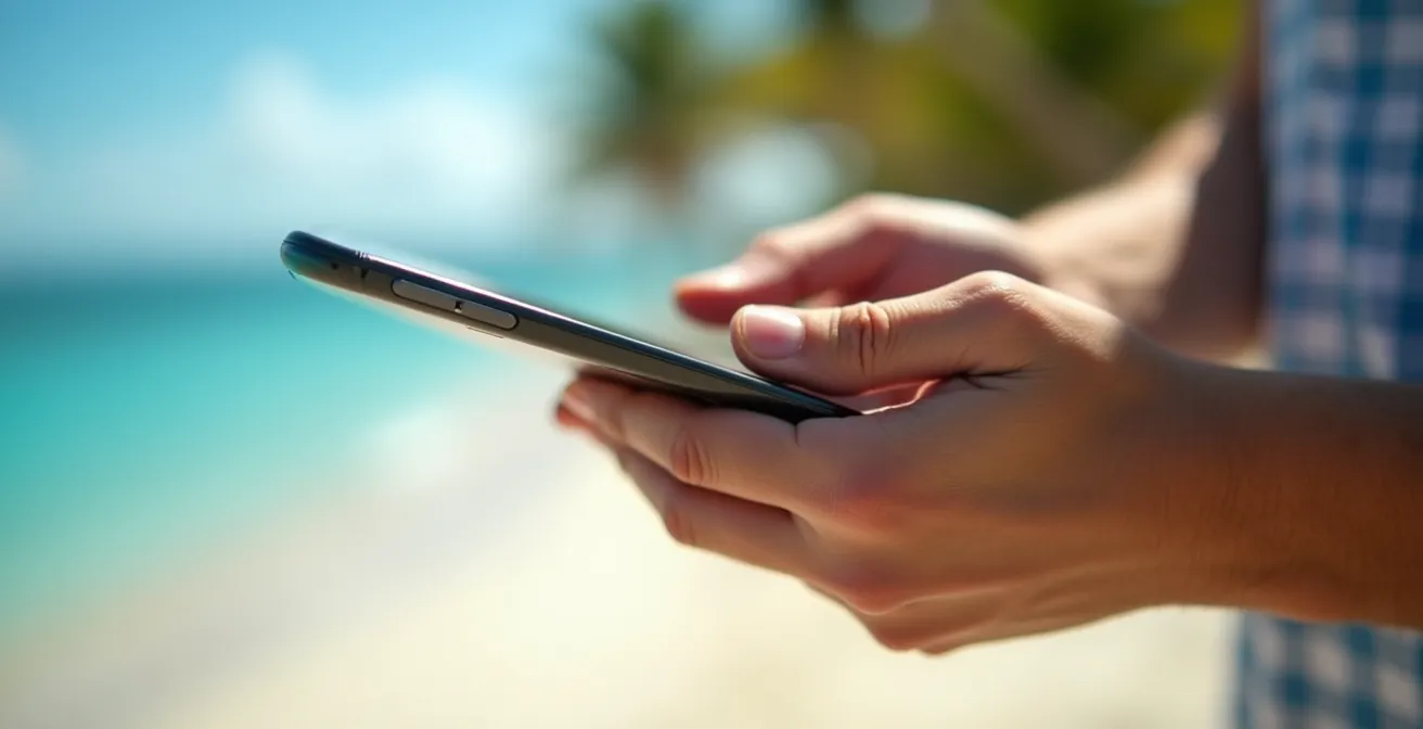 Gros plan sur un smartphone affichant un QR code pour l'activation d'une eSIM, avec une plage de Guadeloupe en arrière-plan flou.