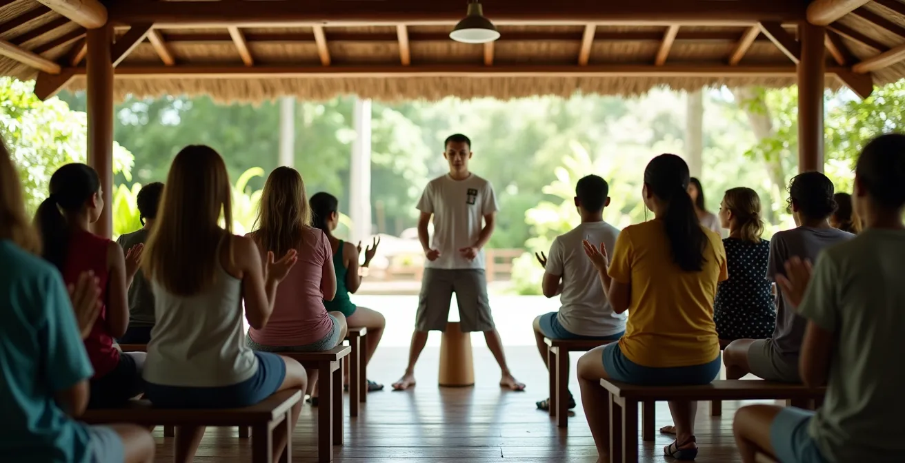 Groupe d'apprentis de tous âges assis en cercle avec leurs tambours ka lors d'un atelier en plein air