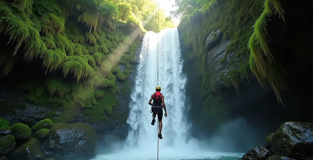 Canyoniste en pleine descente en rappel d'une cascade vertigineuse dans la forêt tropicale de Guadeloupe