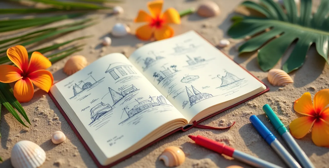 Carnet de voyage ouvert avec des croquis colorés d'îles tropicales et des itinéraires dessinés à la main