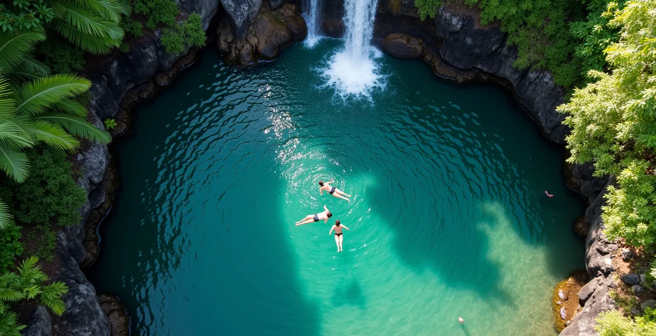 Vue aérienne d'une cascade tropicale avec bassin turquoise en Guadeloupe