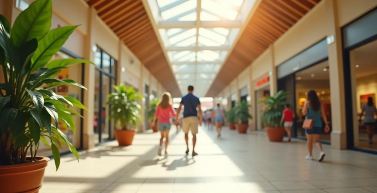 Hall moderne d'un centre commercial tropical avec architecture créole contemporaine