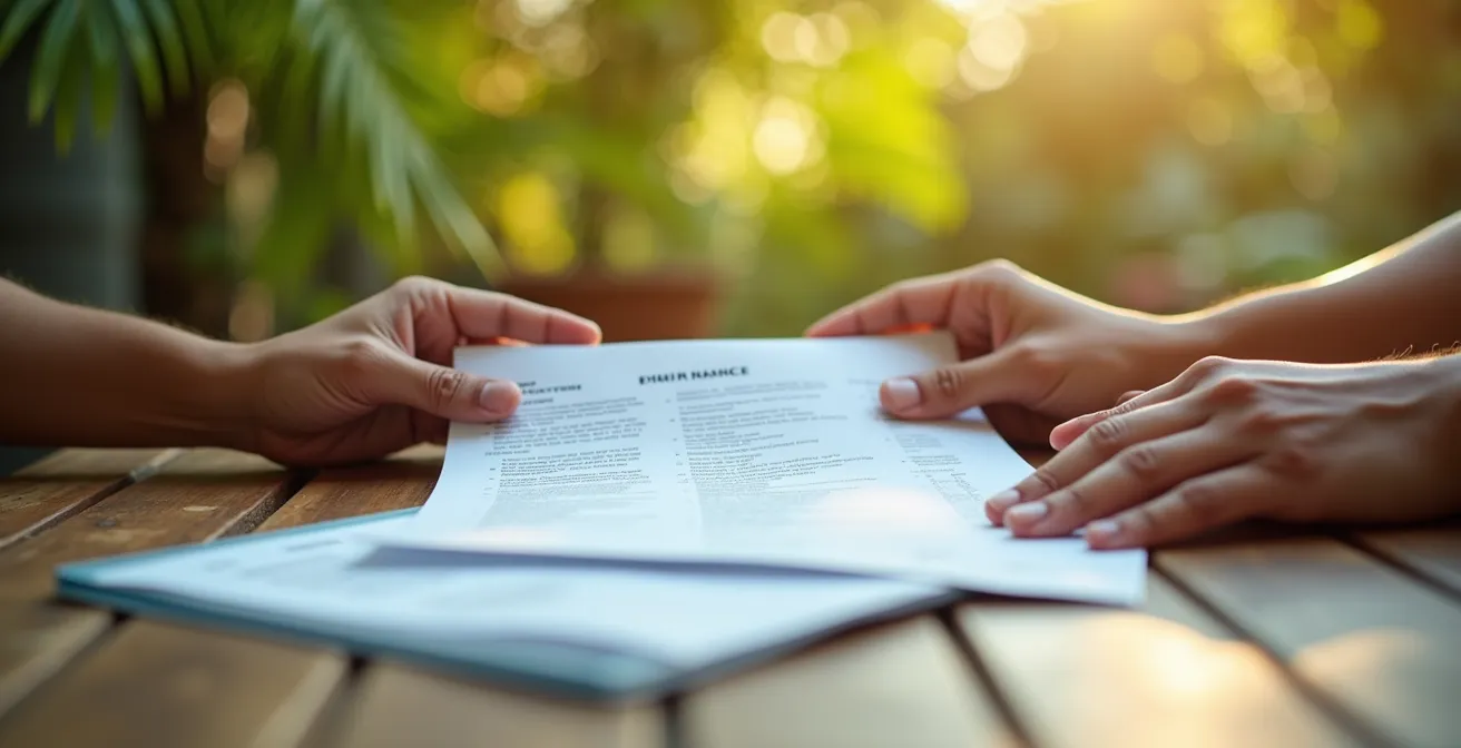 Personne comparant des documents d'assurance sur une table tropicale