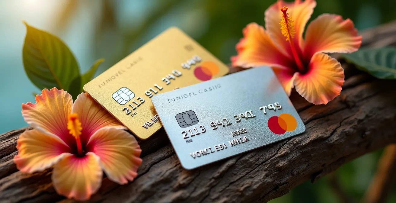 Composition artistique montrant deux cartes bancaires métalliques aux reflets dorés et argentés sur fond tropical