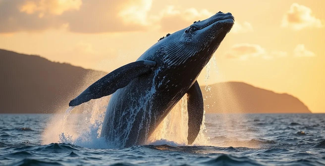 Baleine à bosse effectuant un saut spectaculaire hors de l'eau en Guadeloupe