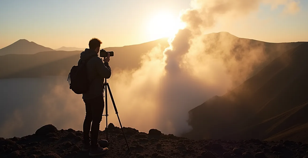 Photographe capturant le paysage volcanique de la Soufrière avec appareil sur trépied