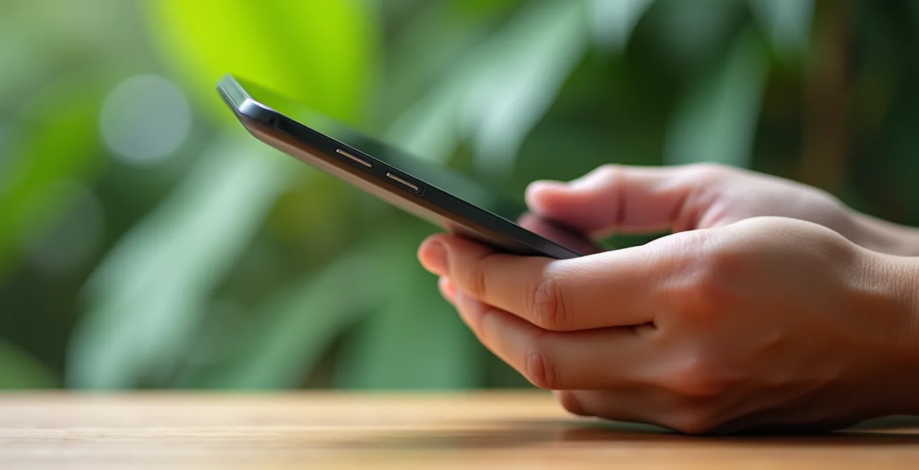 Gros plan sur des mains tenant un smartphone moderne vu de profil