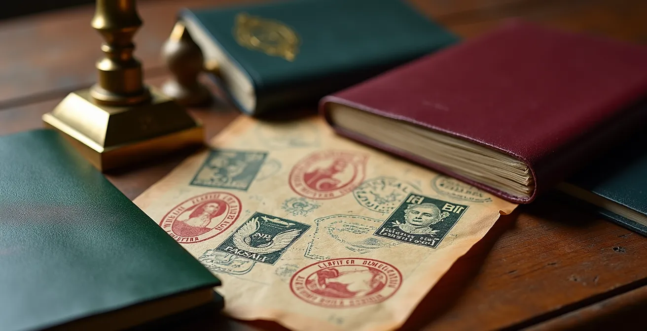 Gros plan sur des tampons d'immigration et passeports fermés sur comptoir