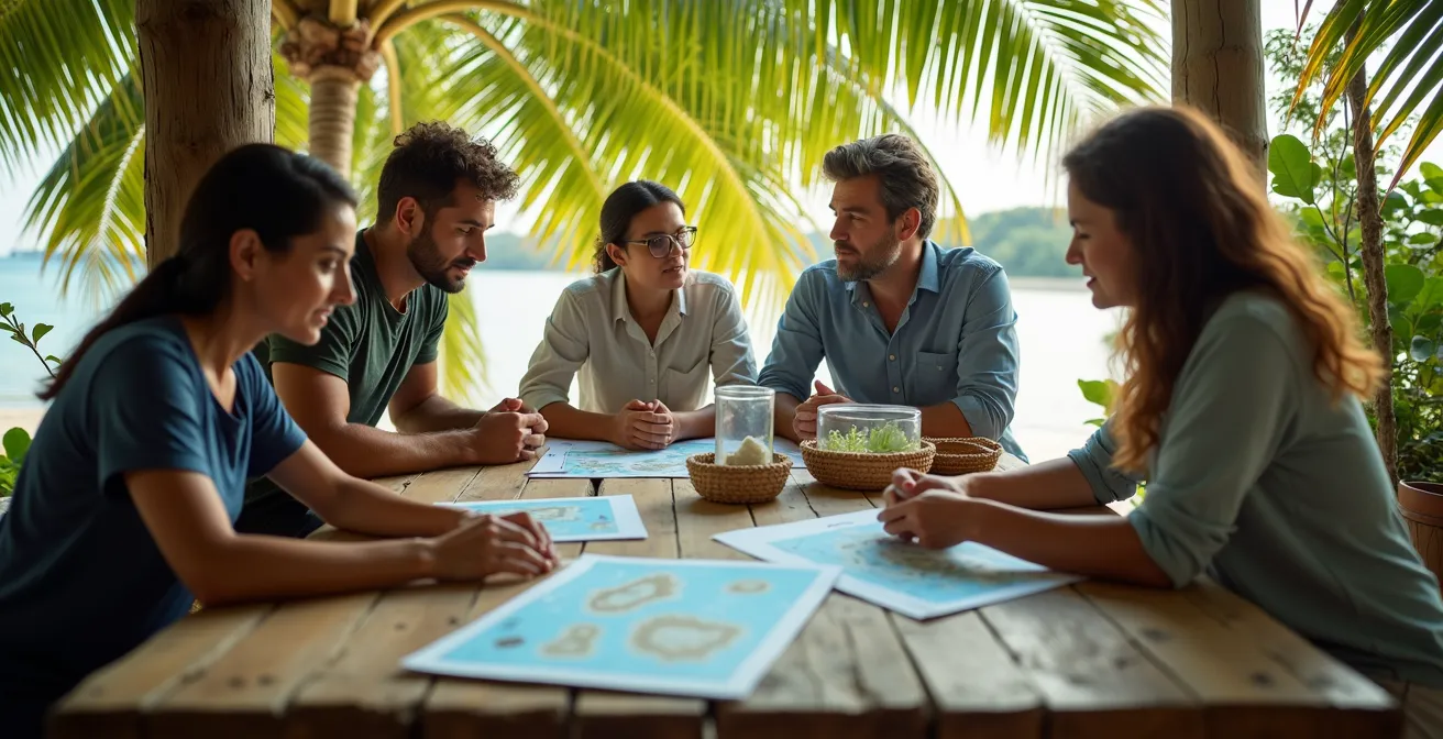 Table ronde de chercheurs et gestionnaires caribéens travaillant ensemble sur des cartes et documents