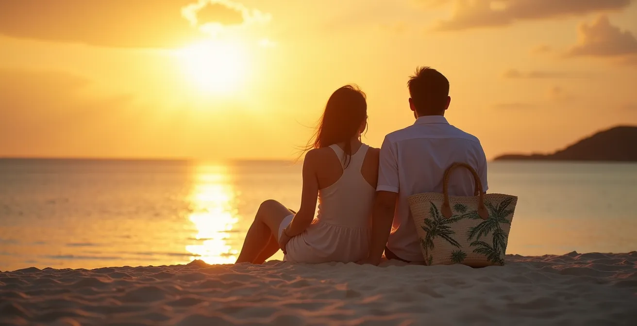 Couple détendu sur une plage de Guadeloupe au coucher du soleil