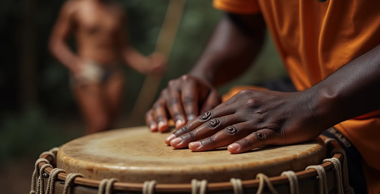 Gros plan sur les mains d'un joueur de tambour ka en pleine performance avec un danseur flou en arrière-plan