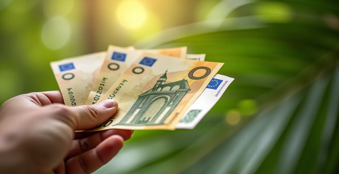 Vue macro de mains tenant des billets euros avec un fond tropical flou