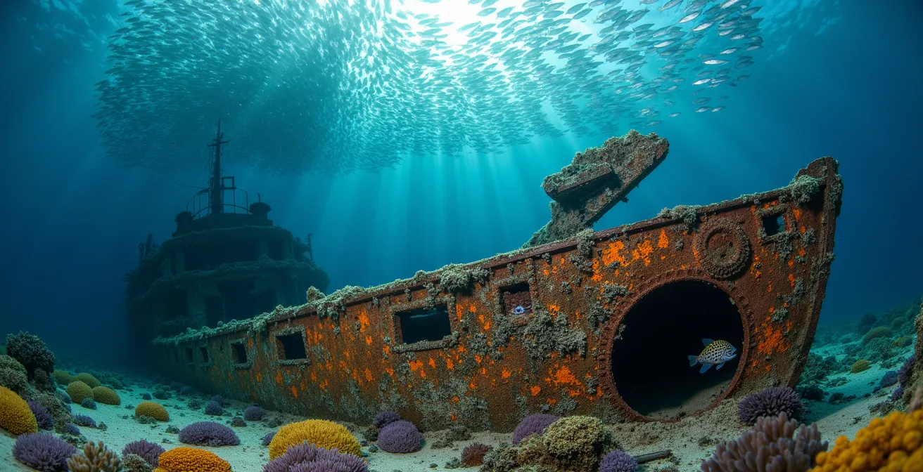 Épave sous-marine colonisée par les coraux avec banc de poissons tropicaux