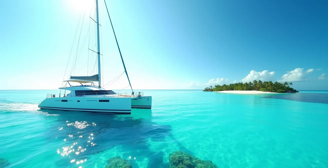 Catamaran naviguant dans les eaux turquoise de Guadeloupe avec îlot tropical en arrière-plan