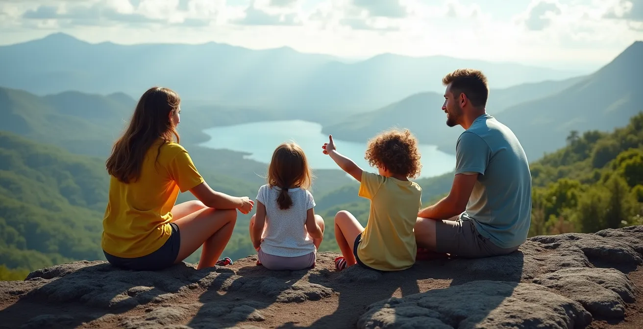 Famille avec enfants faisant une pause à la Savane à Mulets pendant l'ascension